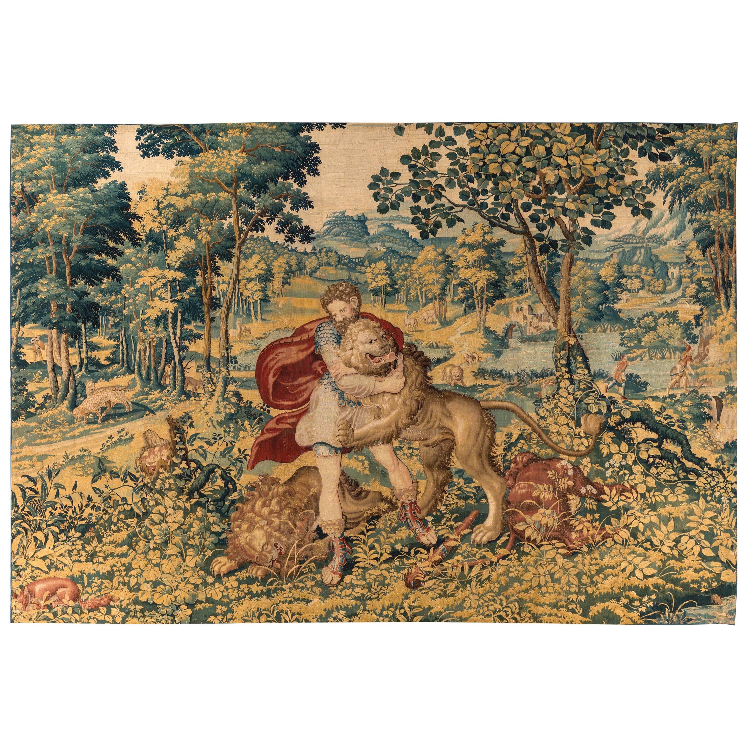 16th Century Flemish Tapestry Hercules and the Nemean Lion For Sale