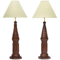 Pair of Arts & Crafts Table Lamps Carved Oak French Chateau Castle Turret Lights