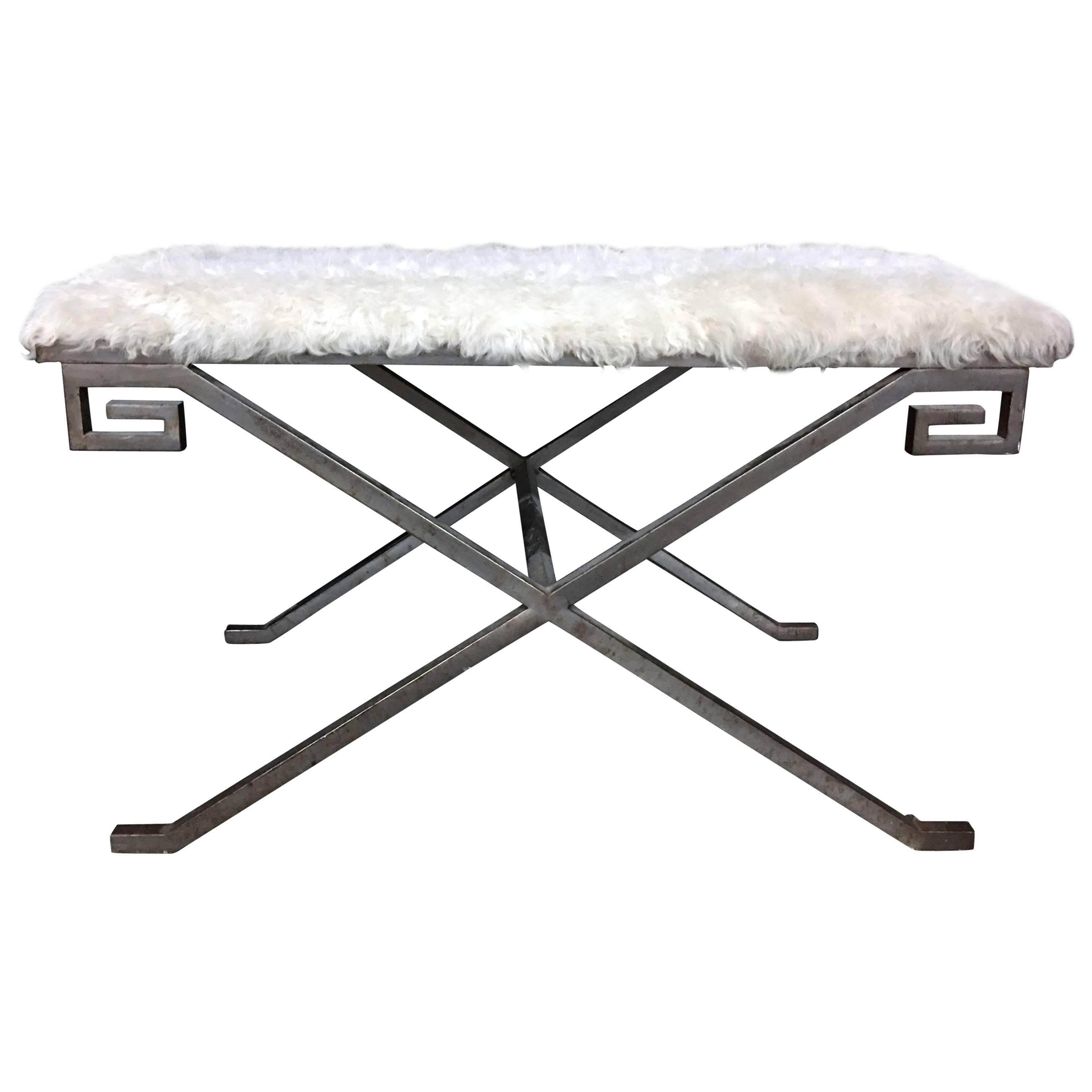 Hollywood Regency Style Bench with Faux Fur Seat and Greek Key Corner Detail For Sale
