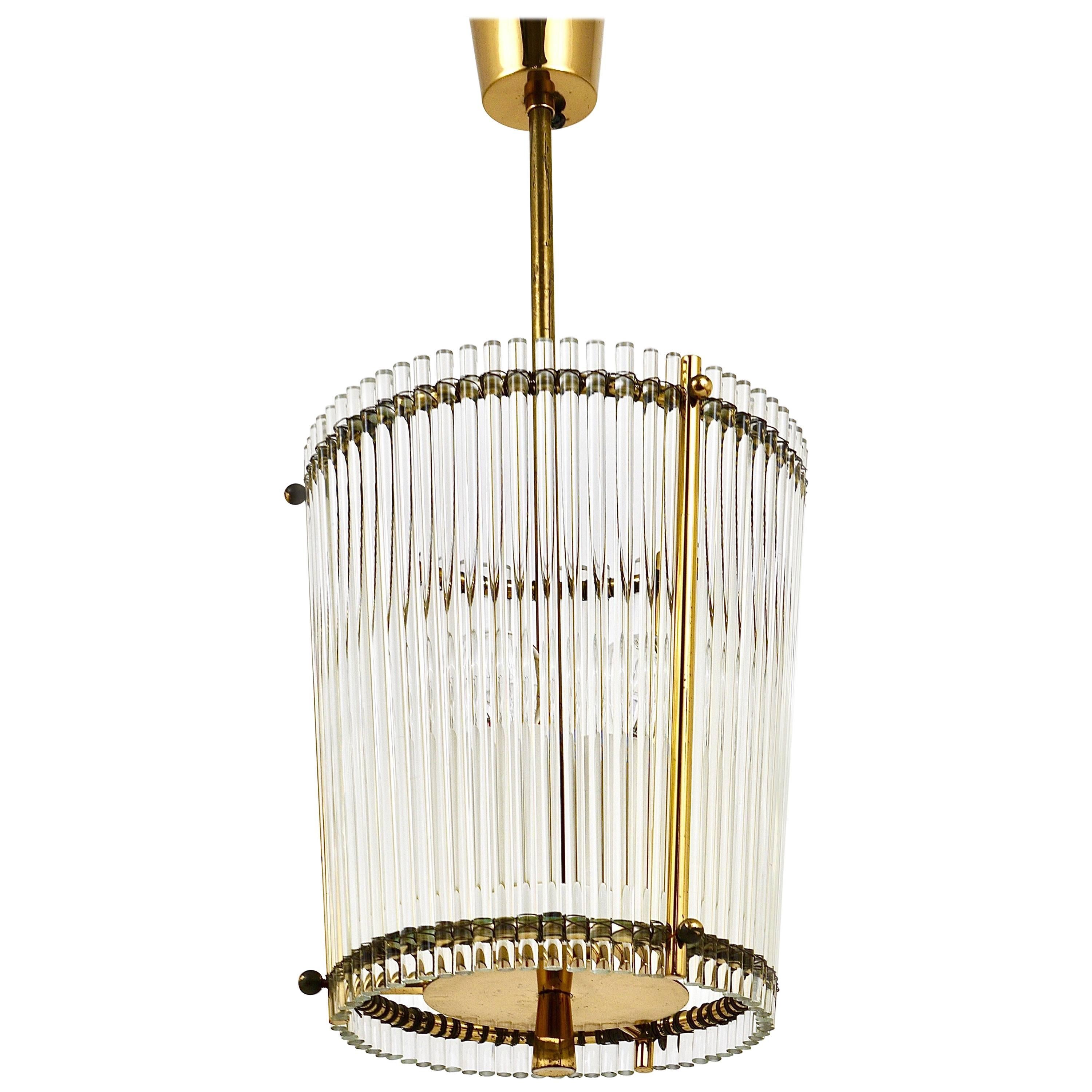 Petite Mid-Century Brass and Glass Rod Drum Chandelier, Italy, 1950s