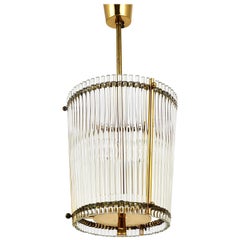 Petite Mid-Century Brass and Glass Rod Drum Chandelier, Italy, 1950s