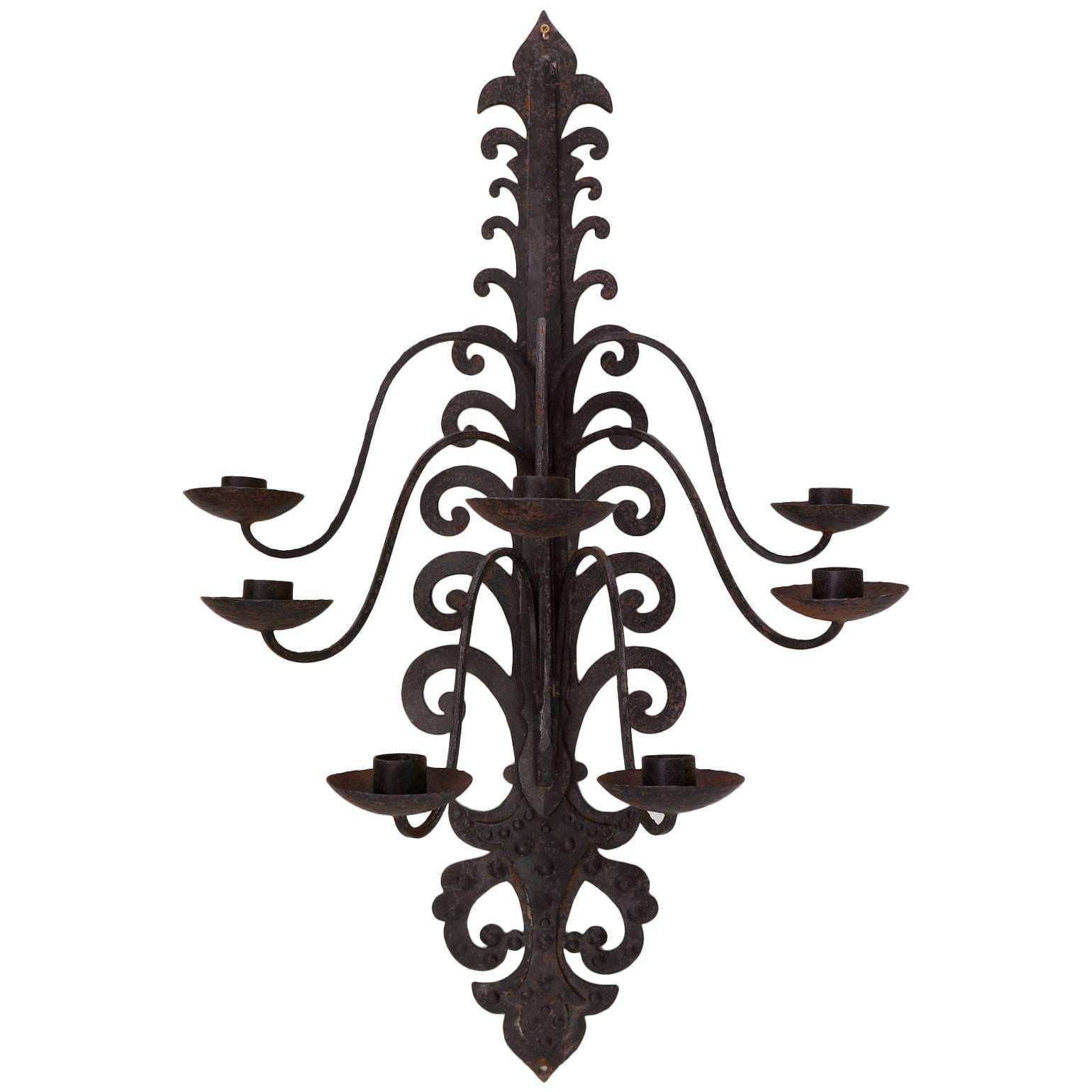 Seven Large Baroque Style Iron Sconces, France, 1940s