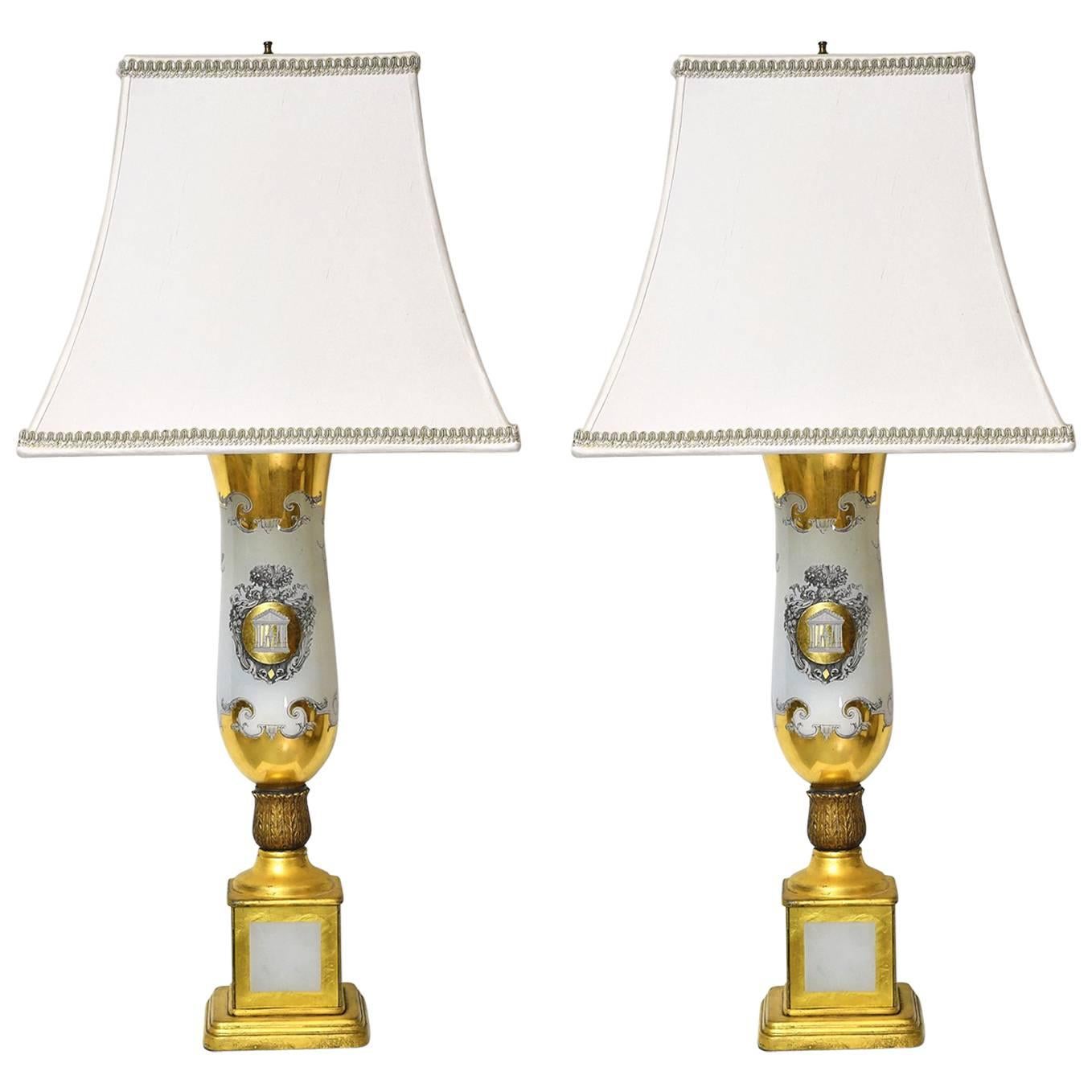 Pair of 20th Century White Porcelain Lamps with Luster Ware Glaze & Gilding