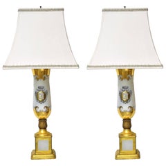 Pair of 20th Century White Porcelain Lamps with Luster Ware Glaze & Gilding