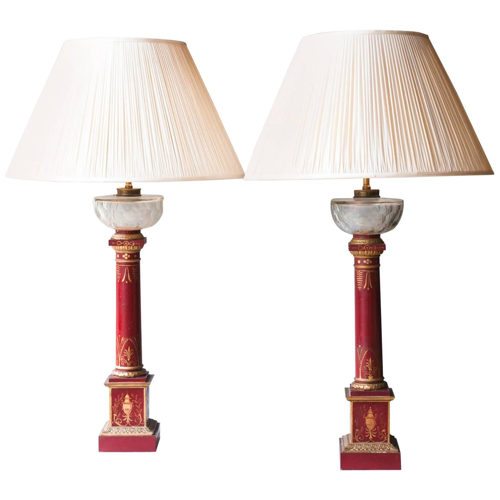 Pair of Large 19th Century Red Painted Tôle Oil Lamps Converted to Table Lamps For Sale