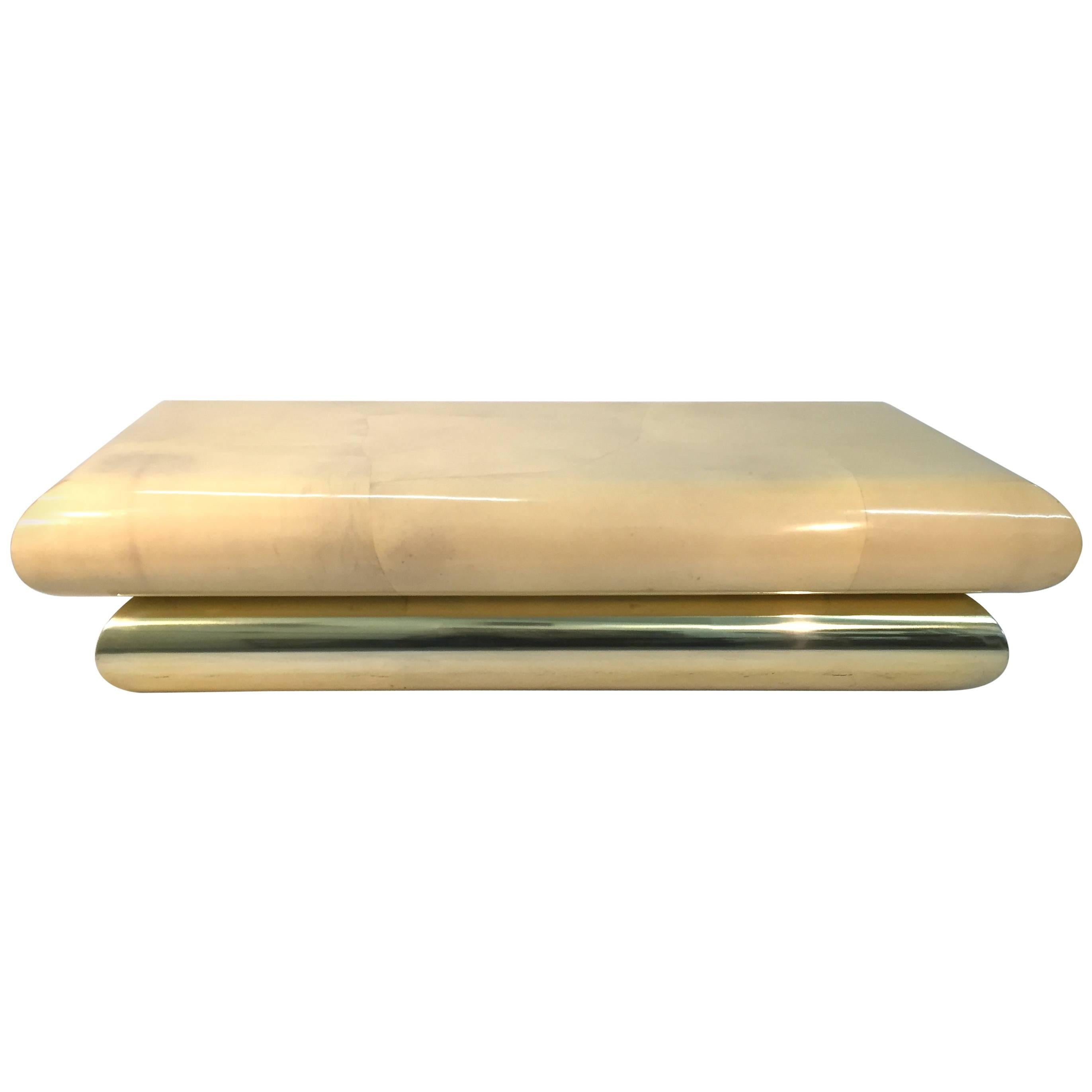Parchment Lacquered Coffee Table with Brass Base For Sale