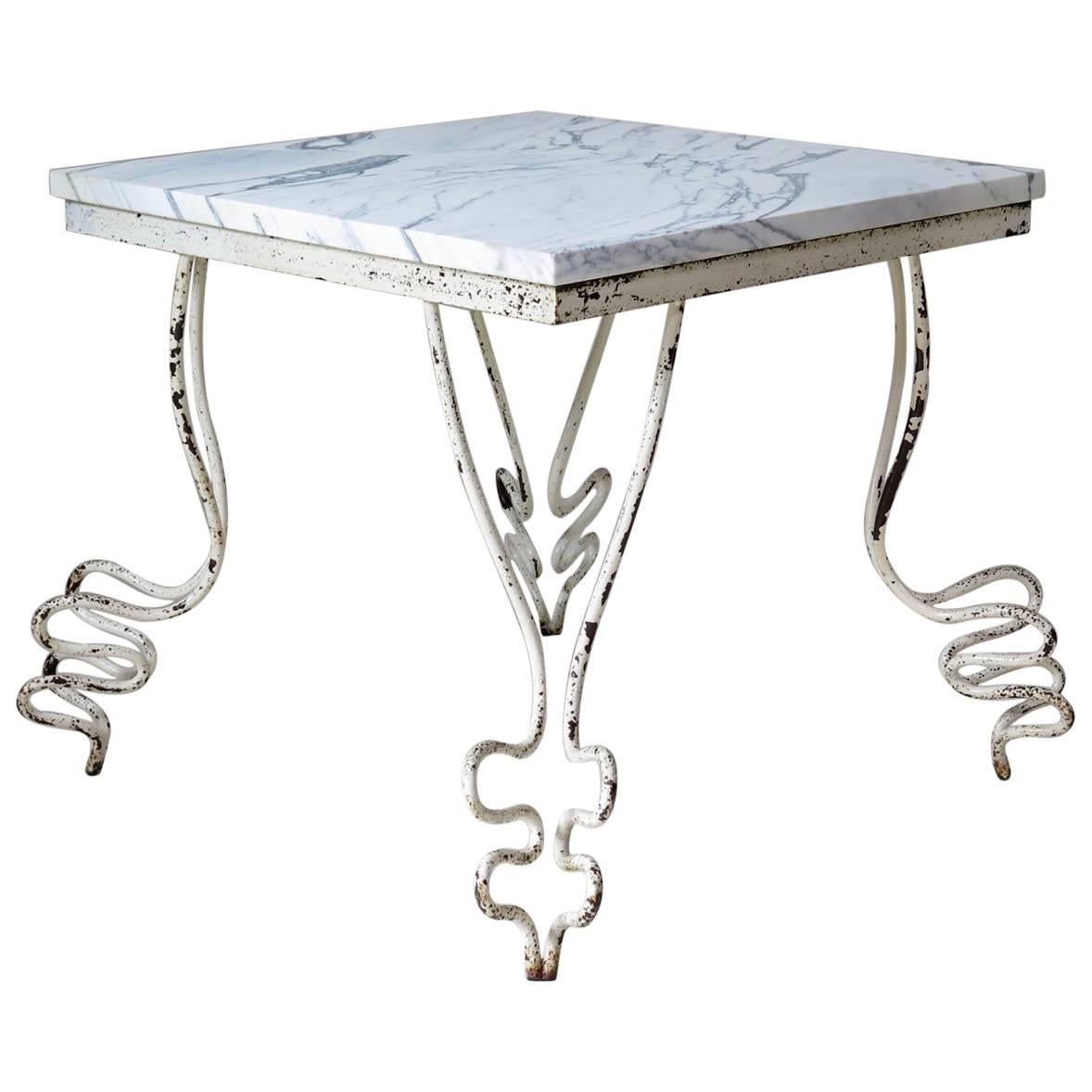 Wrought Iron & Marble "Zig-Zag" Table, France, 1950s For Sale