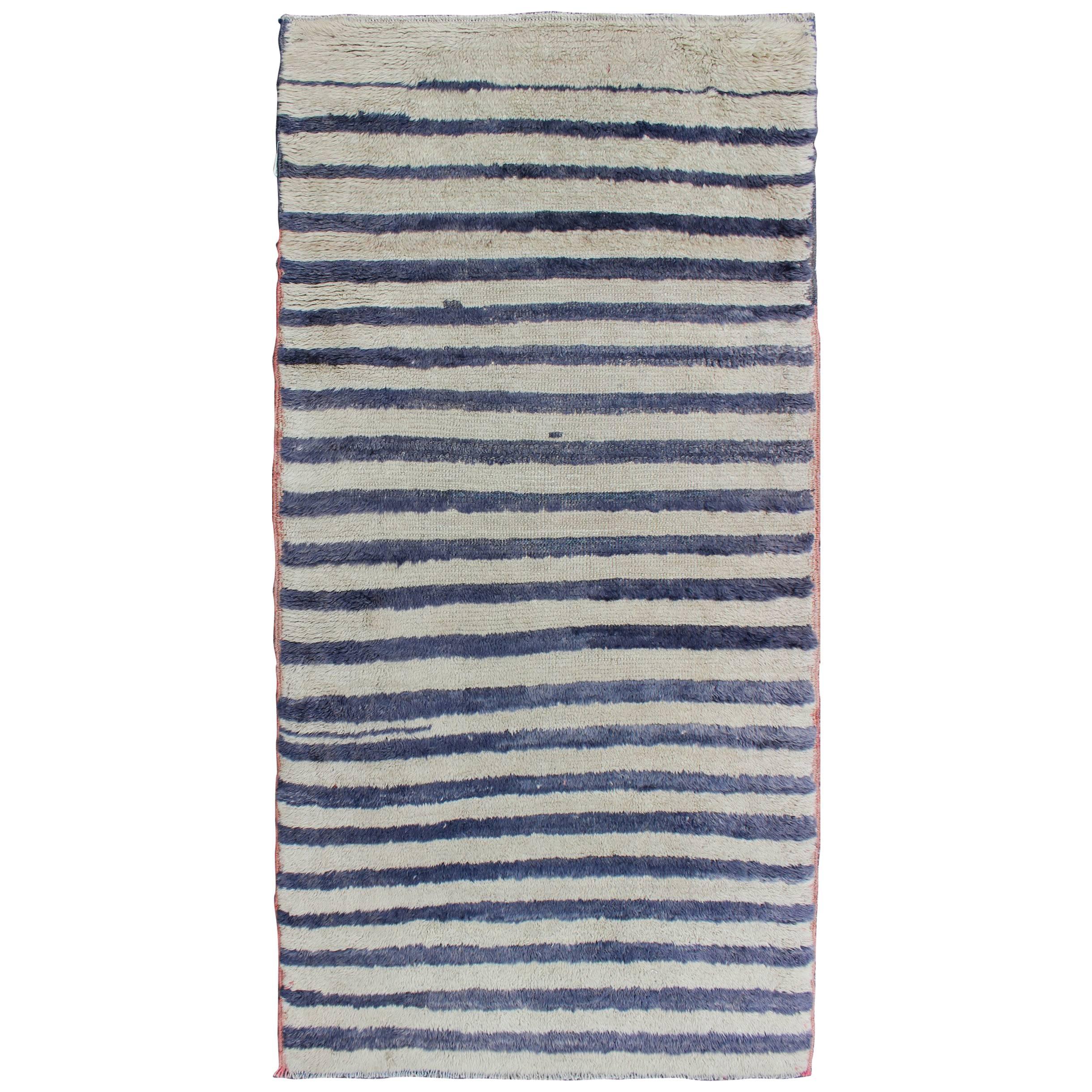 Turkish Angora Tulu Carpet with Cream and Navy Blue Stripe Pattern