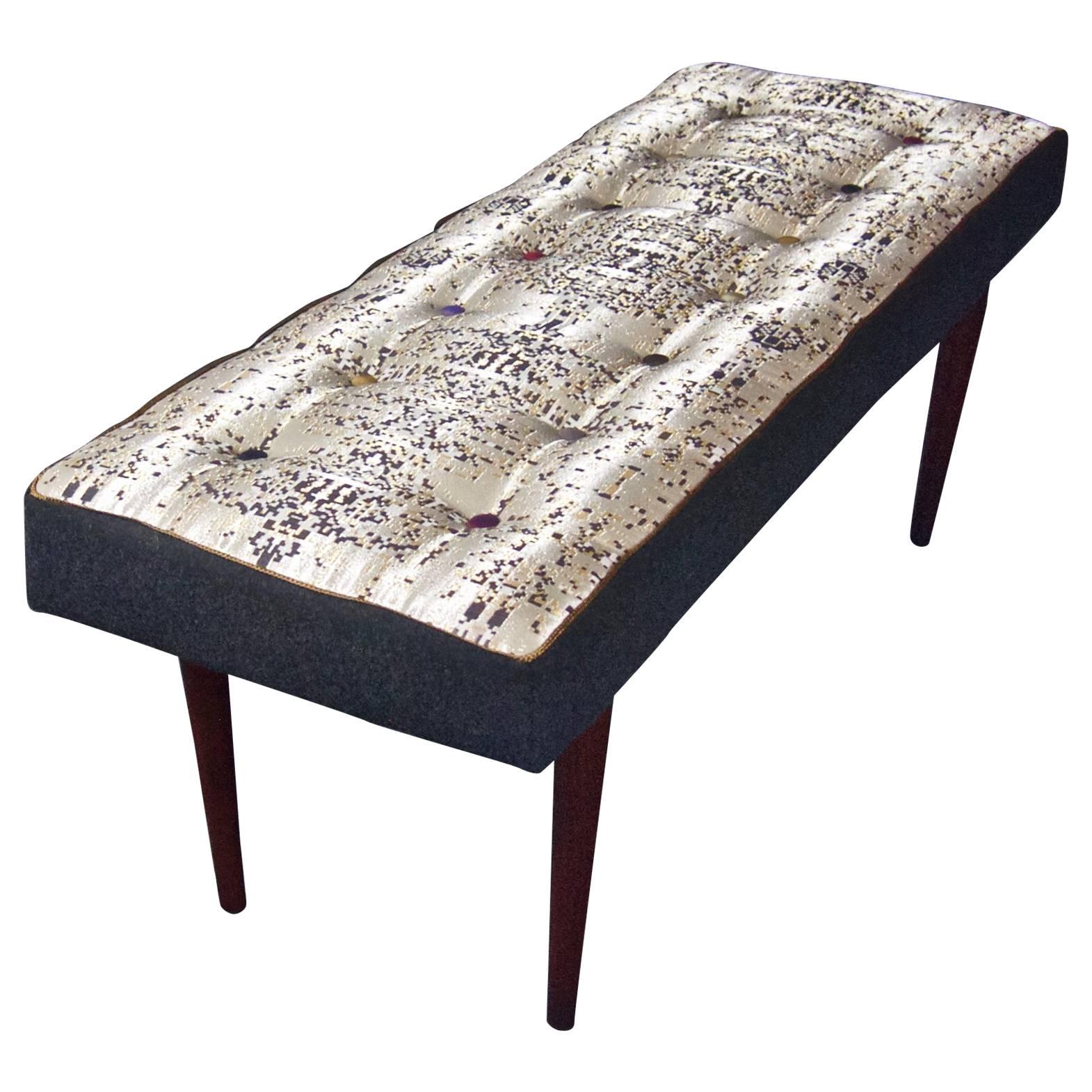 Handmade Bench with Artisanal textile and Colorful Taffeta Buttons For Sale