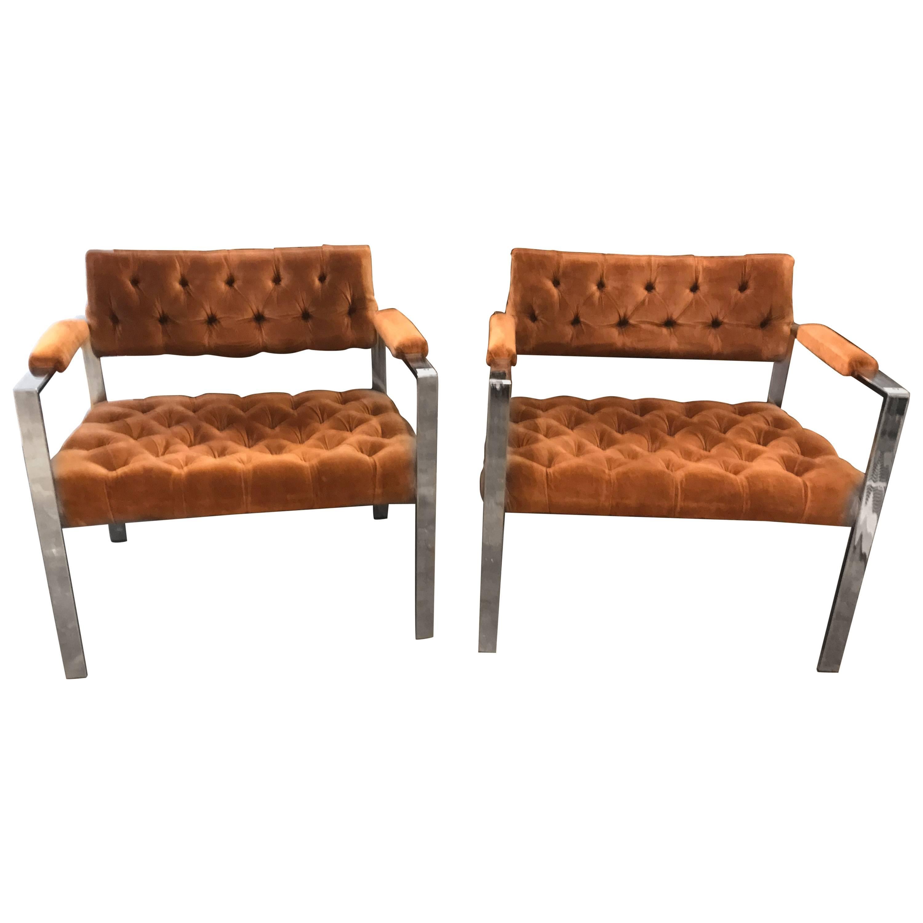 Erwin-Lambeth Mid Century Modern Pr of Chrome and Velvet Tufted Arm Chairs