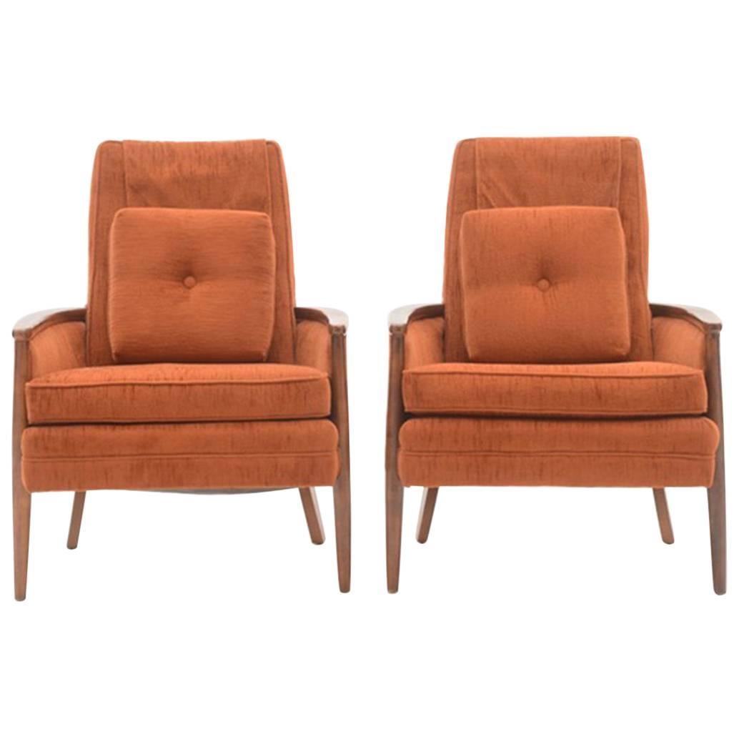 Pair of circa 1970s Vintage Armchairs, Upholstered in Burnt Orange Fabric