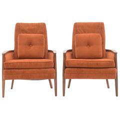 Pair of circa 1970s Vintage Armchairs, Upholstered in Burnt Orange Fabric 1