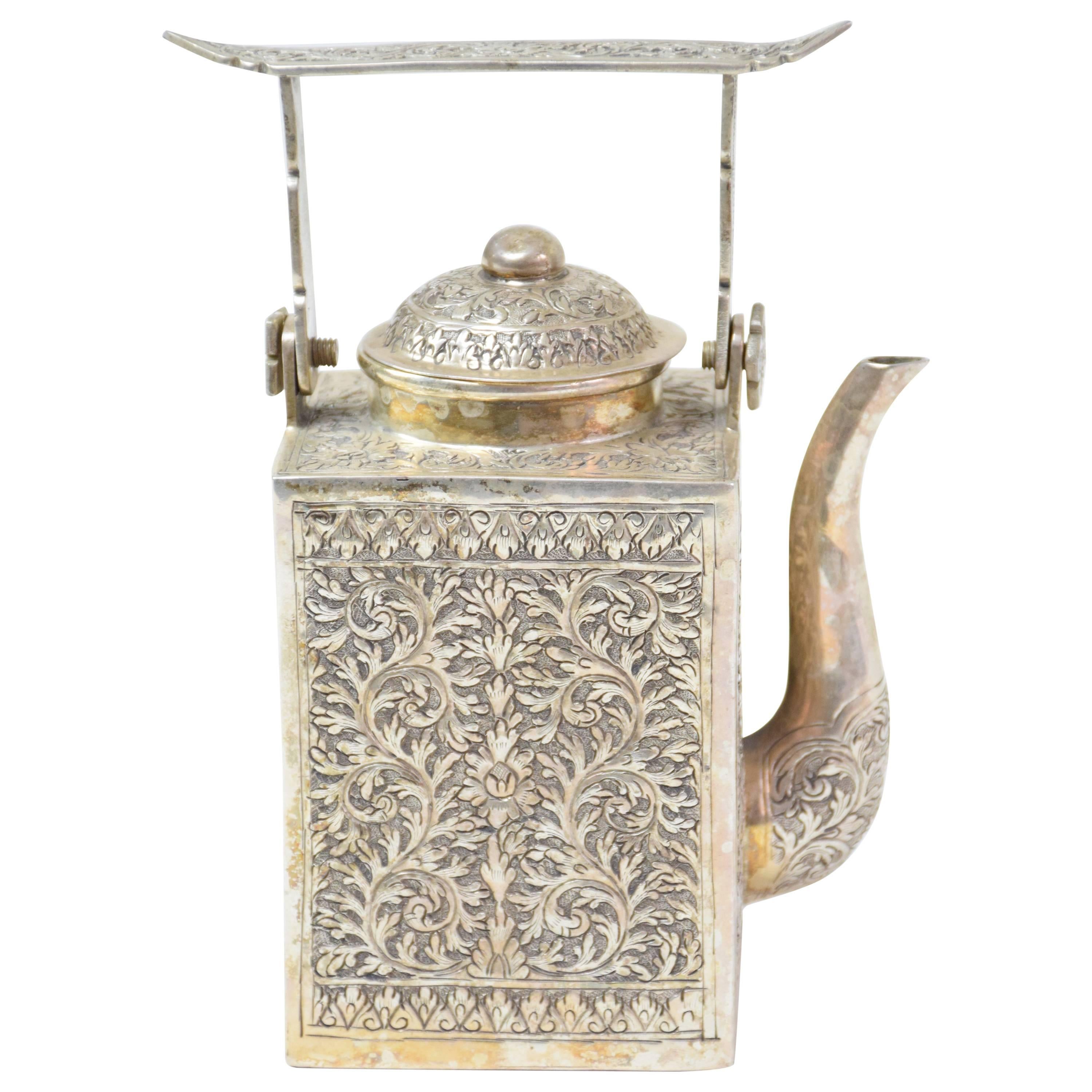 Antique Asian Silver Engraved Teapot
