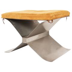 1970s, Francois Monnet, Kappa, Stainless Steel X-Leg Stool, Suede Seat