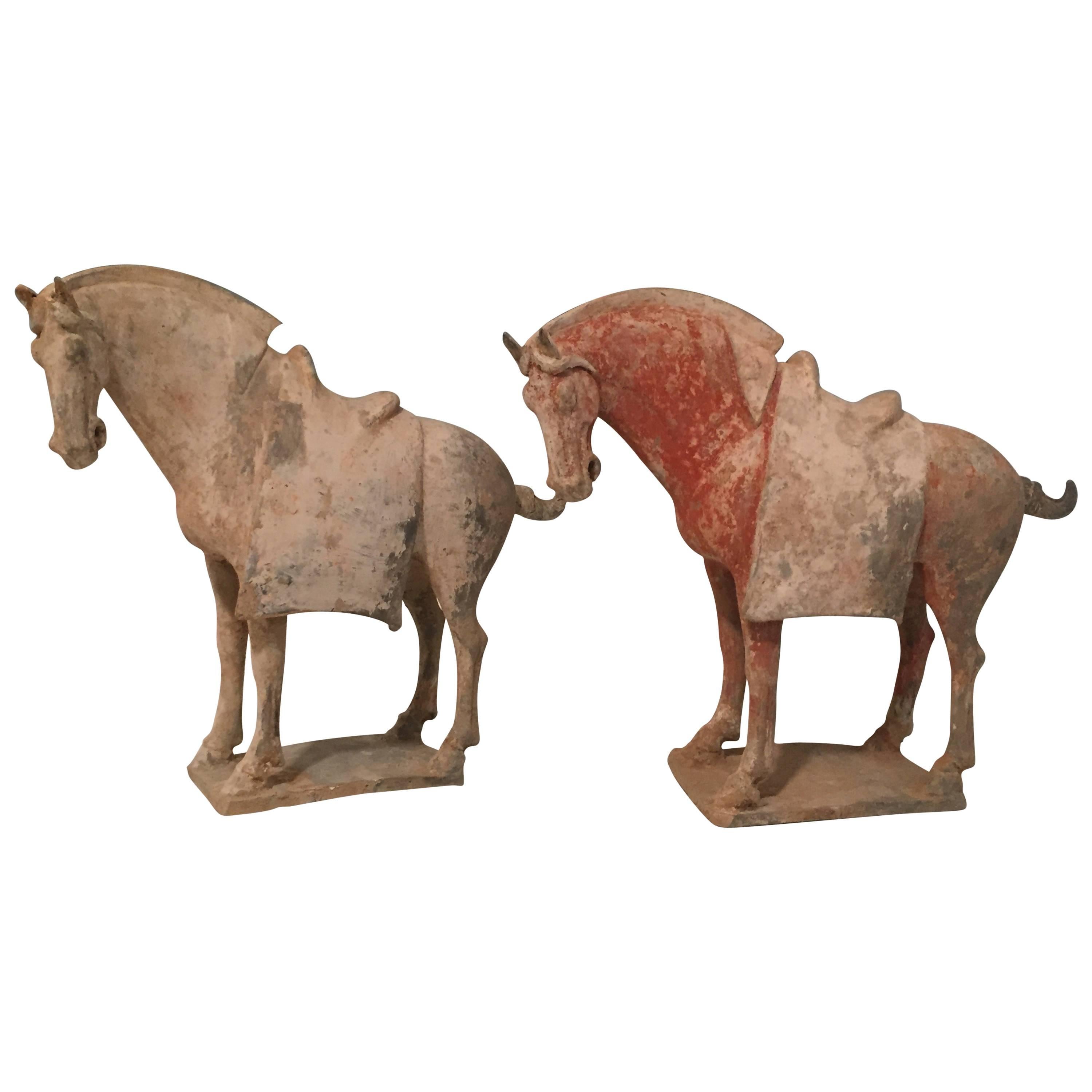 Pair of Antique Pottery Horses From The Tang Dynasty For Sale