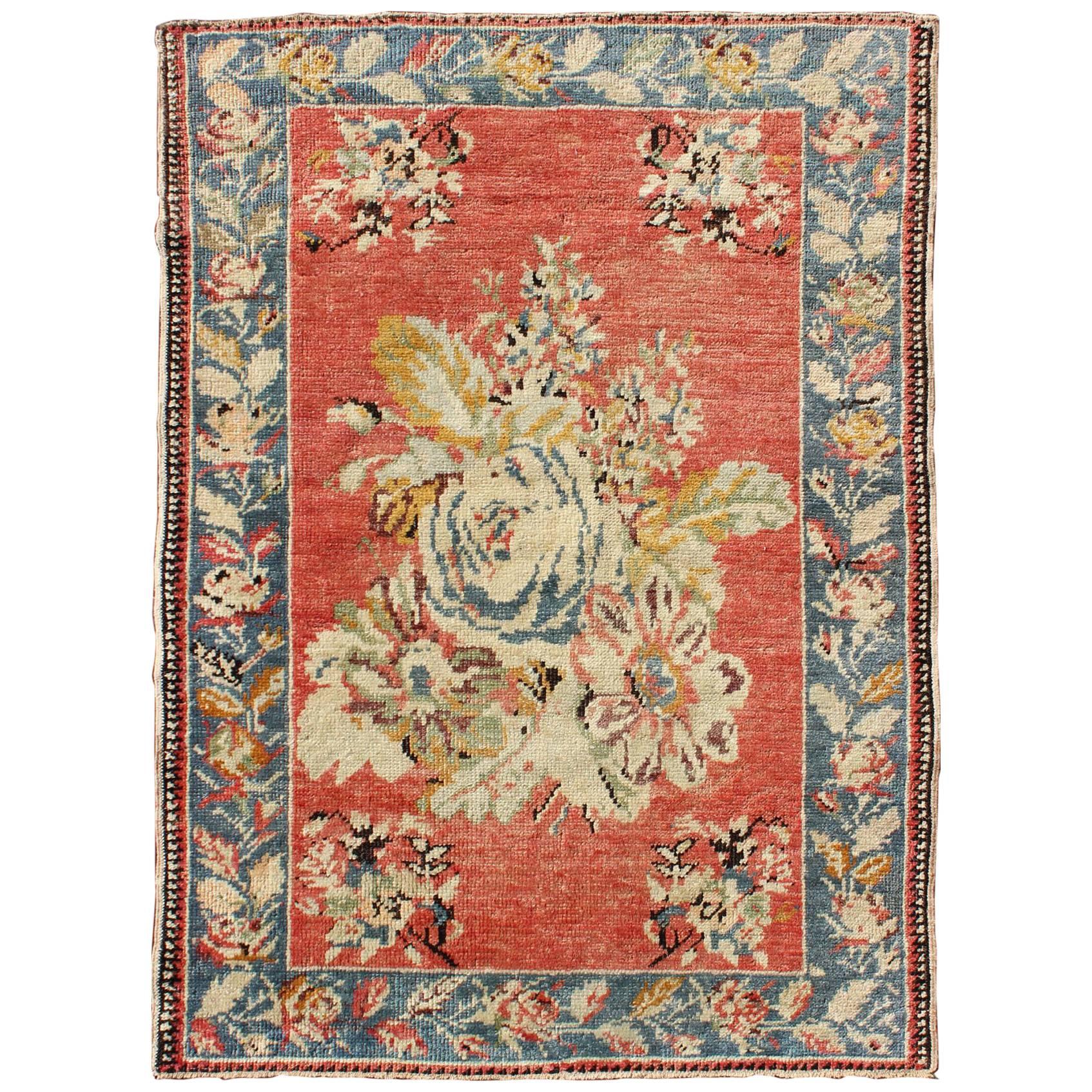 Vintage Turkish Oushak Carpet with Bouquets of Colorful Flowers in Red and Teal