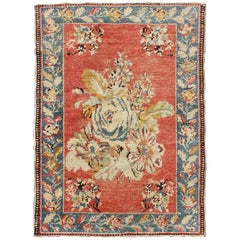 Vintage Turkish Oushak Carpet with Bouquets of Colorful Flowers in Red and Teal