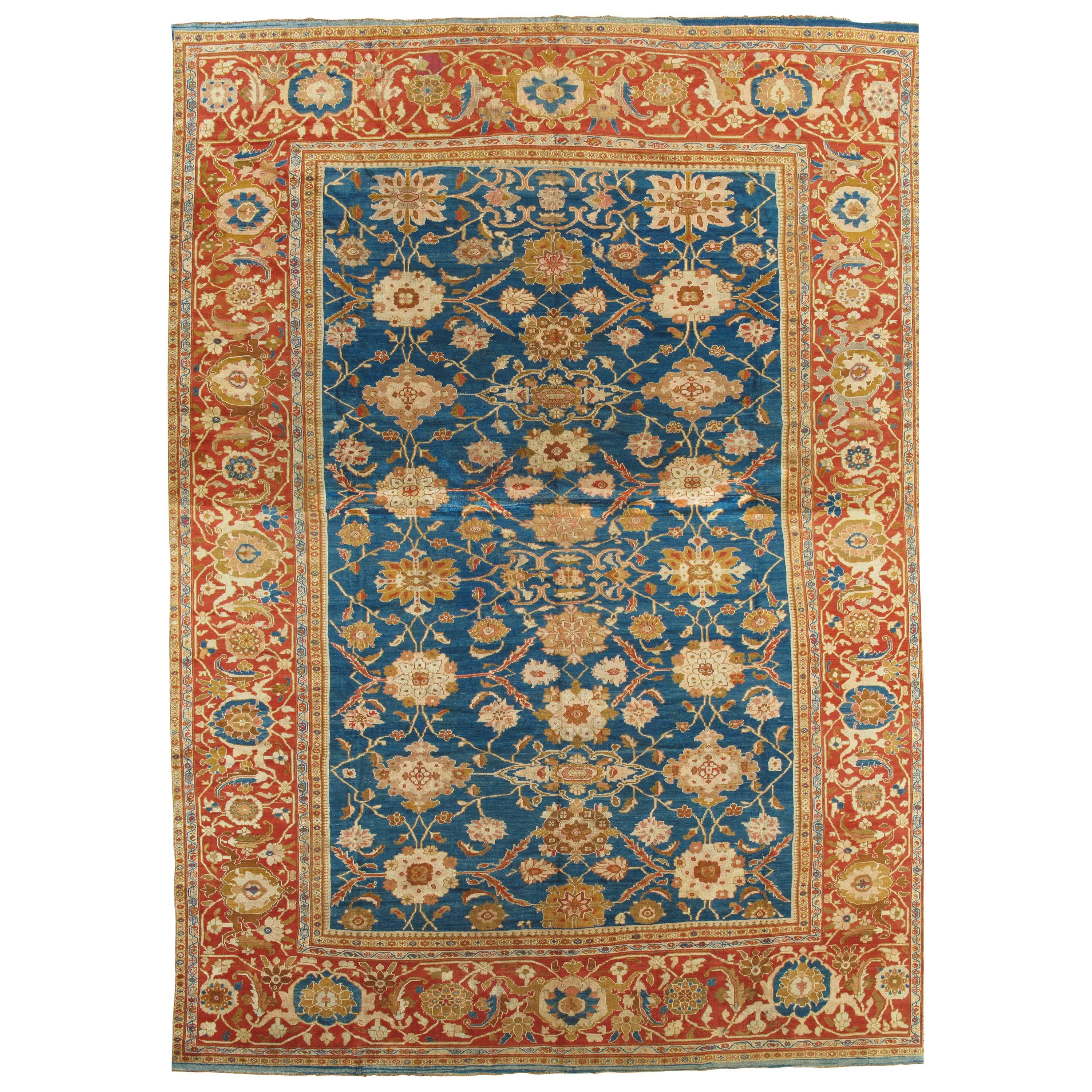 Tapis persan ancien Sultanabad, tapis oriental fait à la main, bleu clair, corail doré