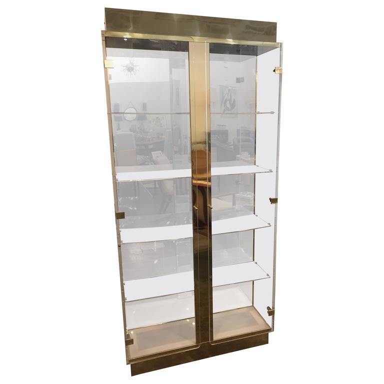 Mid Century Modern Tall Lucite Mirror And Gold Tone Metal Cabinet