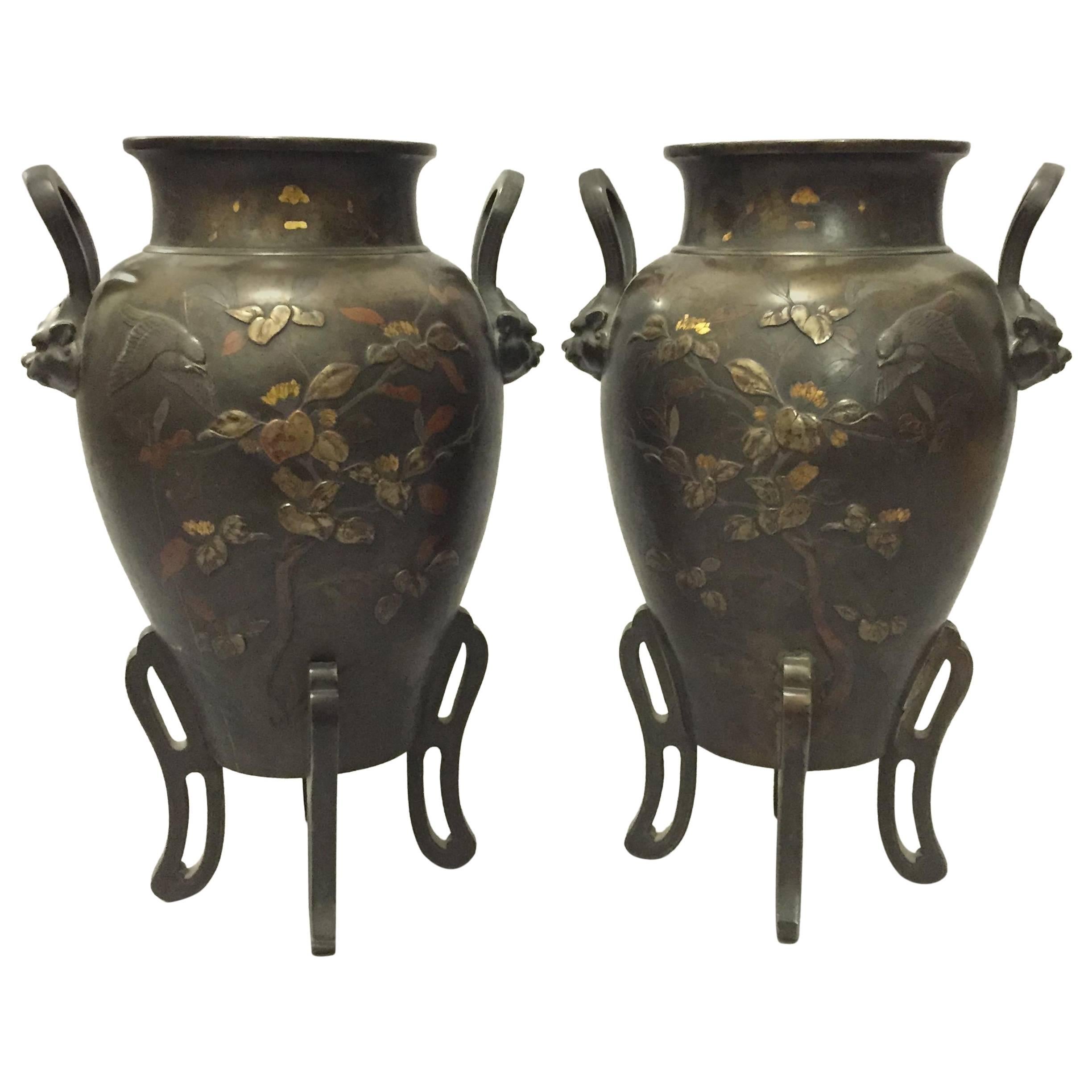 Pair of 19th Century Meiji Period Two-Handled Japanese Bronze Vases For Sale