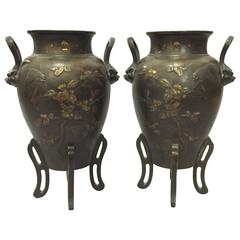 Pair of 19th Century Meiji Period Two-Handled Japanese Bronze Vases