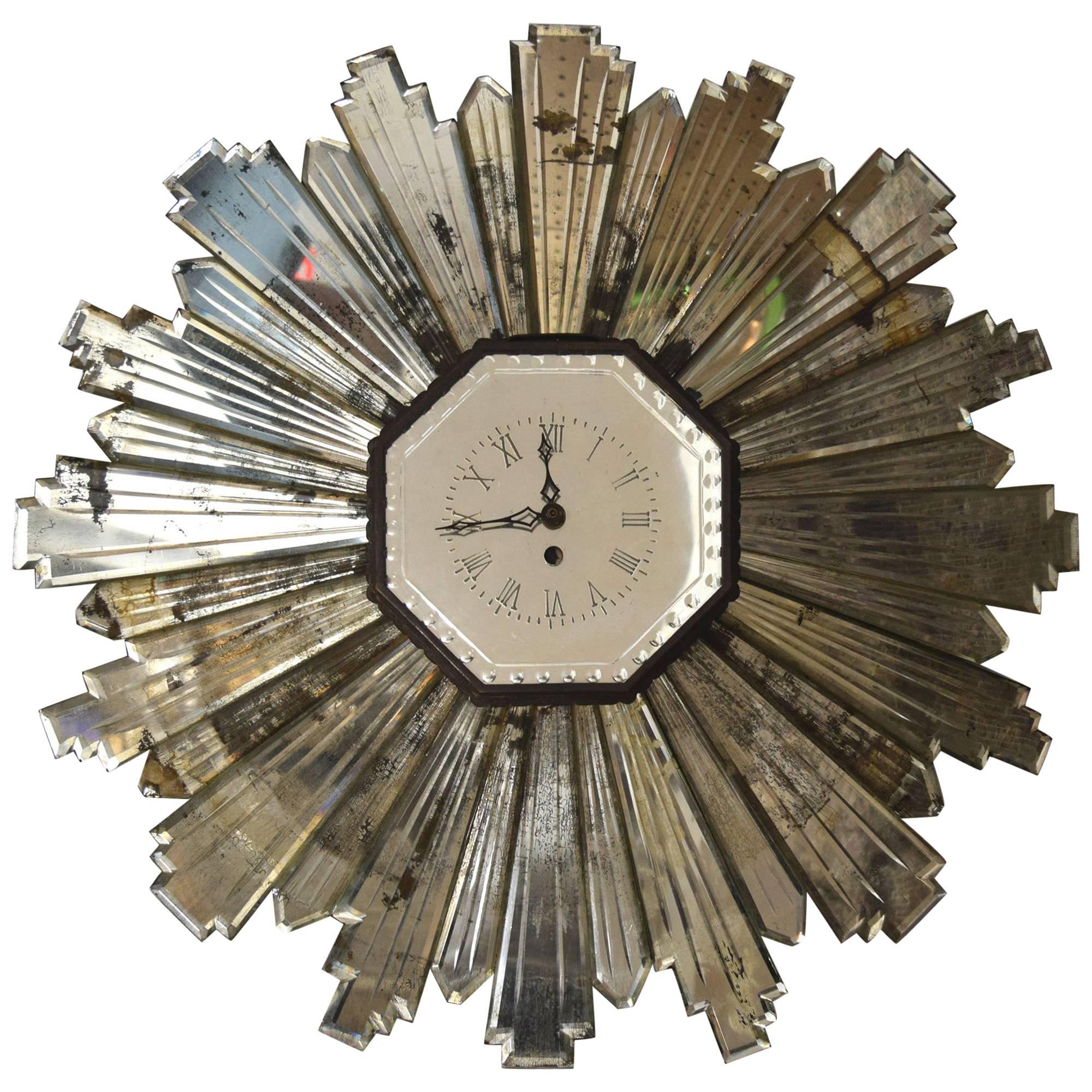 French 1930s Mirrored Sunburst Clock