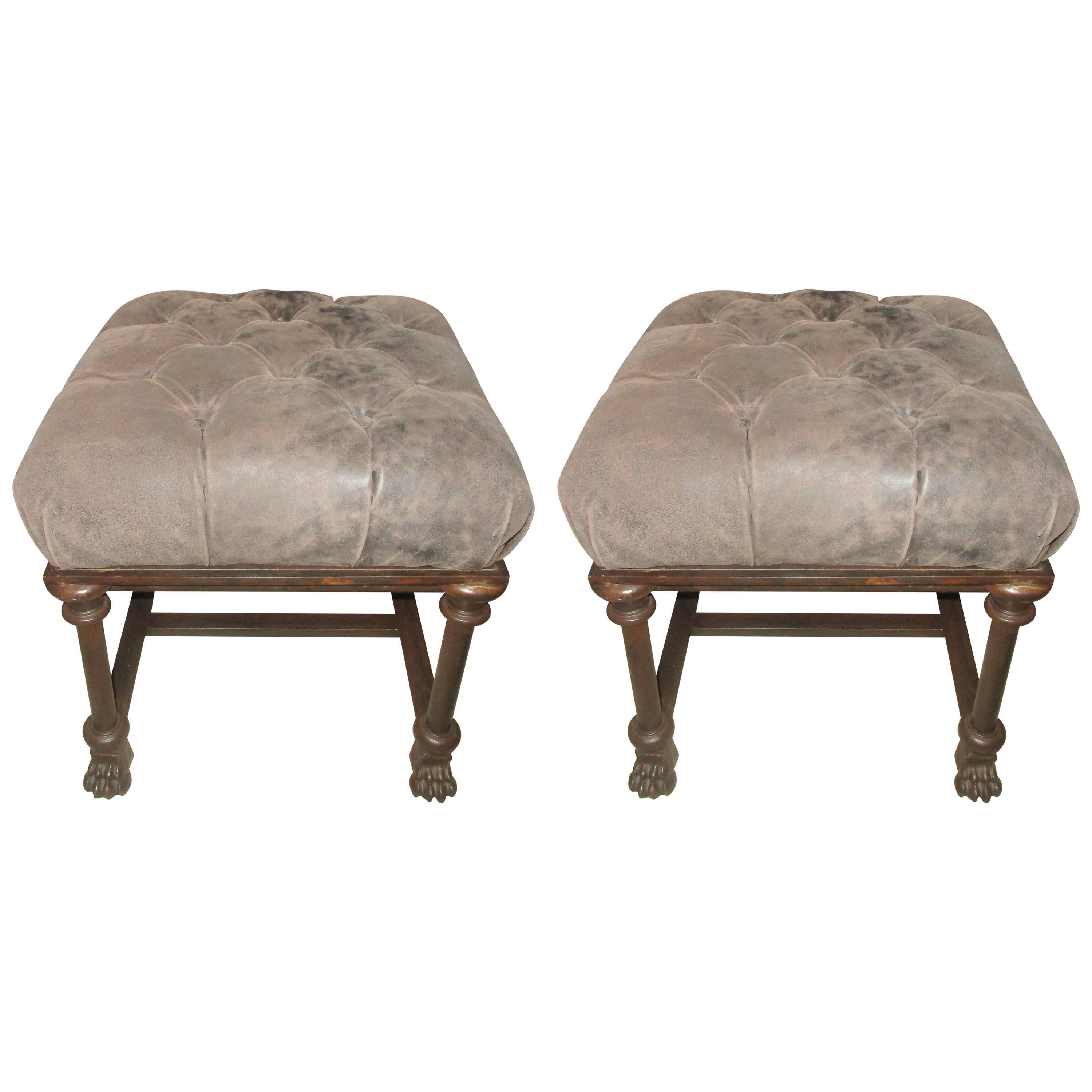 Pair of Iron Suede Tufted French Benches