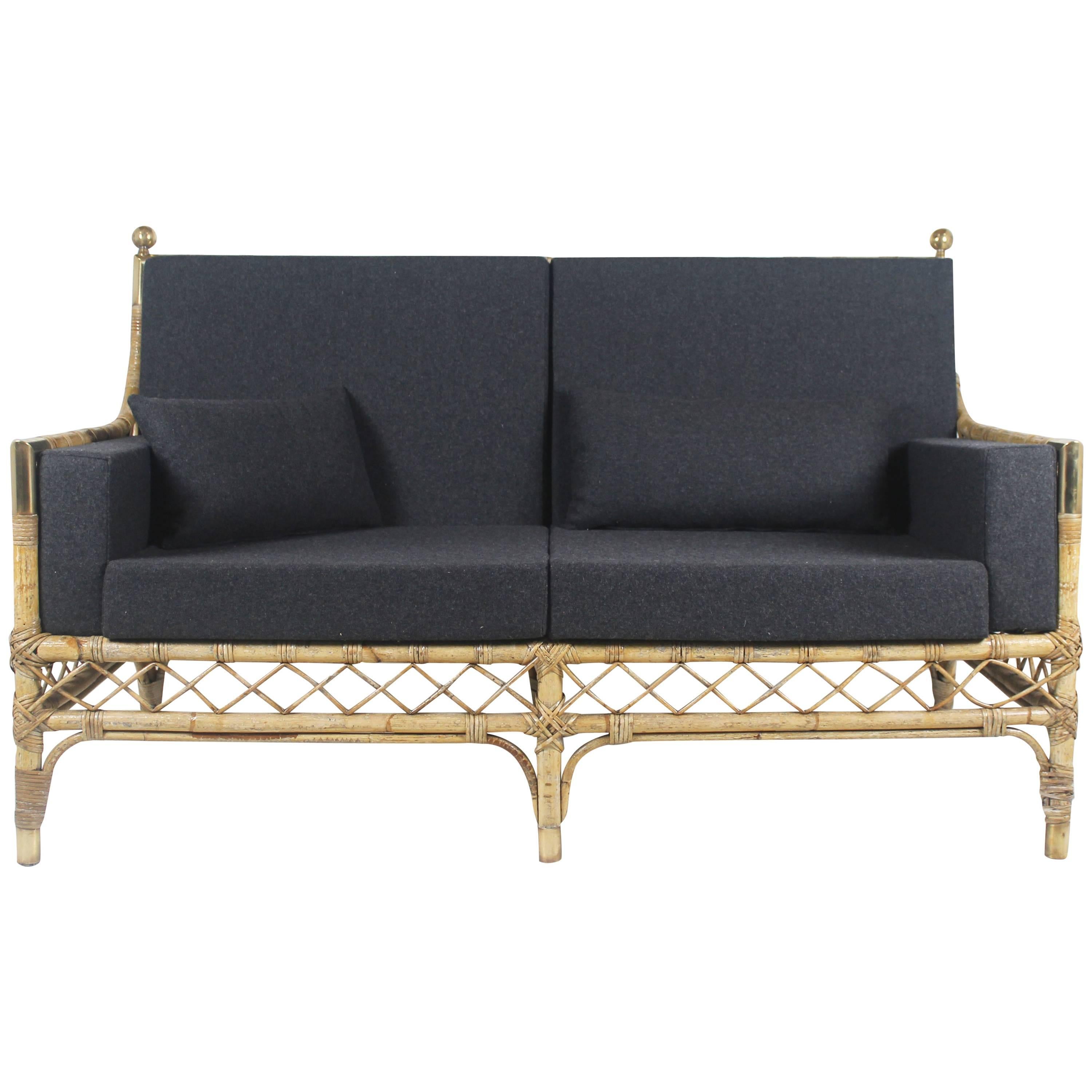 Sofa in Bamboo, Rattan and Golden Brass, 1960 For Sale