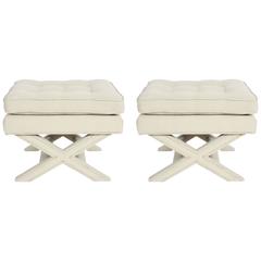 Pair of Billy Baldwin Style Upholstered X Stools or Ottomans