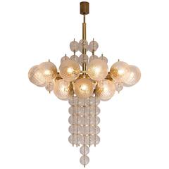 Large Chandelier in Brass with Structured Glass