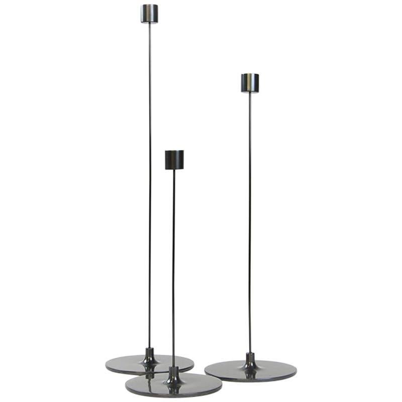 Pin Candle Sticks with Three Sizes, Handcrafted in Brass with Patinated Finishes For Sale