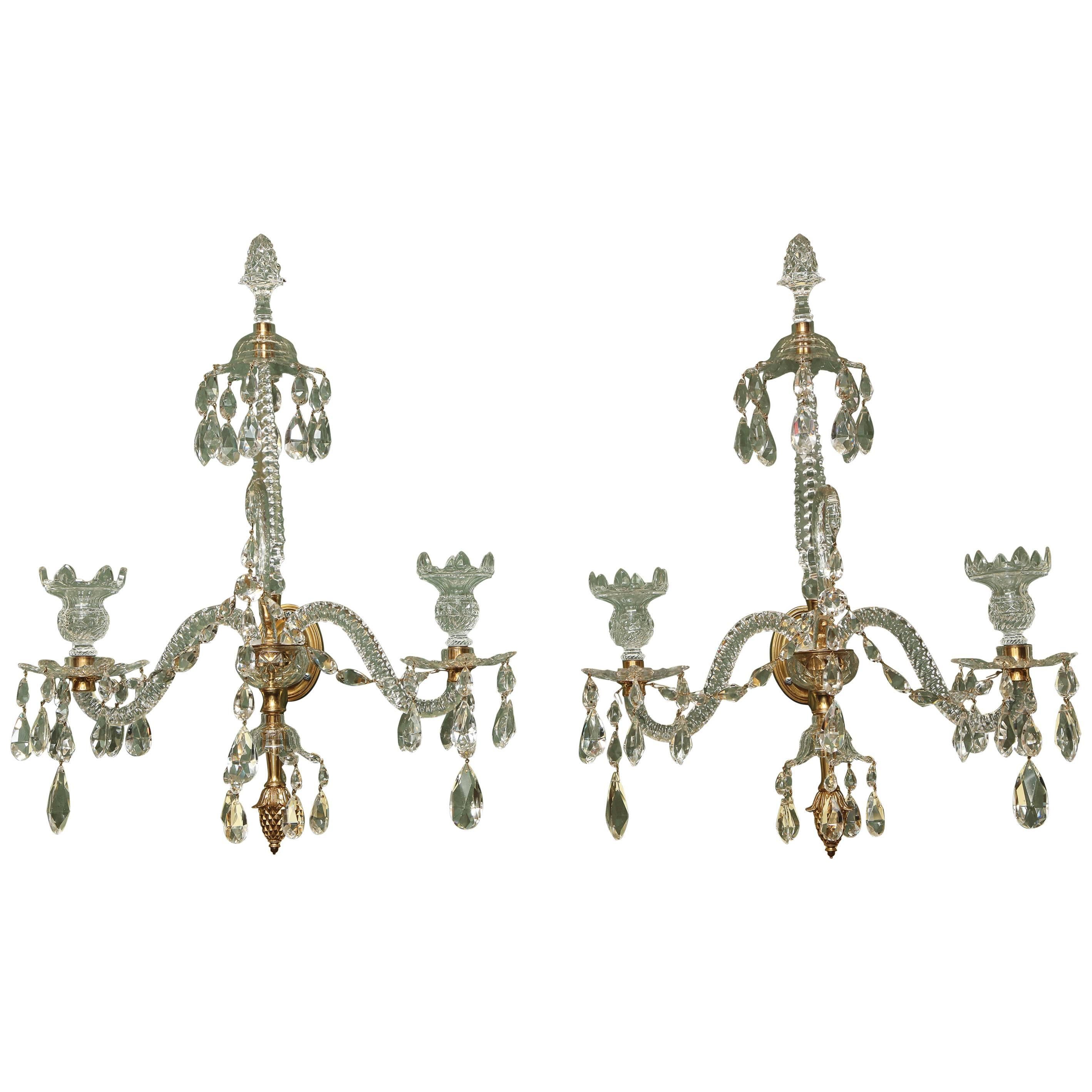 Pair of Adam Cut Crystal and Ormolu Two-Light Wall Sconces, English, circa 1775 For Sale