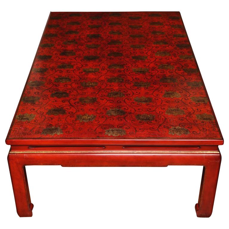 Red Lacquer Rectangular Coffee Table with Gilt Scroll and Lotus Flower