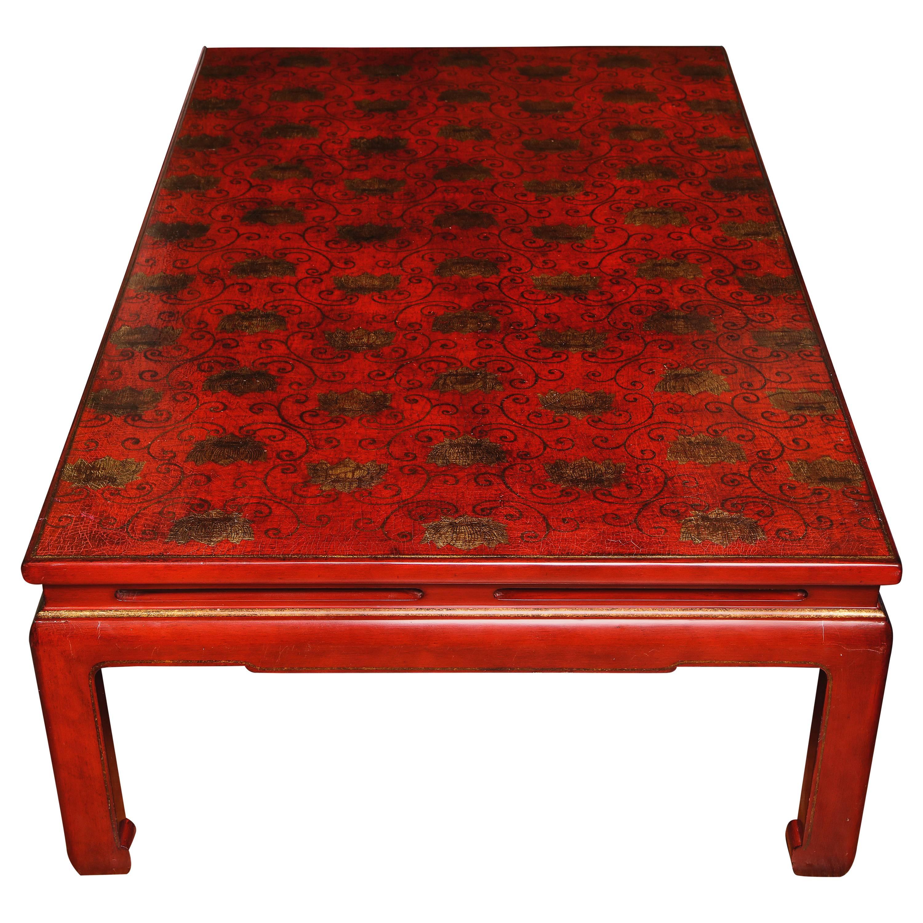 Red Lacquer Rectangular Coffee Table with Gilt Scroll & Lotus Flower Decoration For Sale
