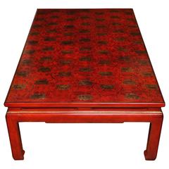 Vintage Red Lacquer Rectangular Coffee Table with Gilt Scroll & Lotus Flower Decoration