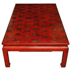 Red Lacquer Rectangular Coffee Table with Gilt Scroll & Lotus Flower Decoration