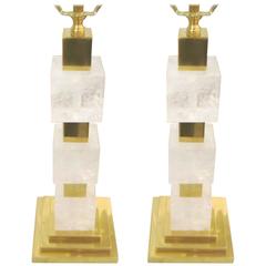 Sculptural Pair of Custom Rock Crystal and Brass Lamps