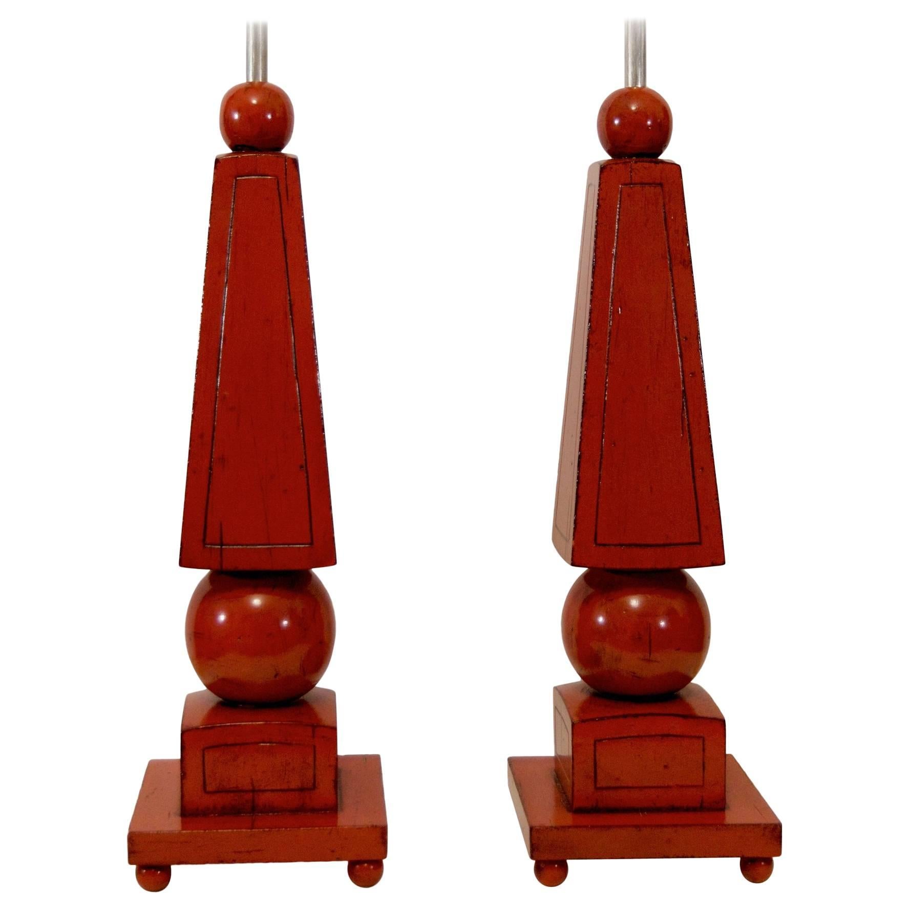 Pair of Red Lacquer Obelisk Form Table Lamps For Sale