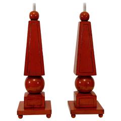 Pair of Red Lacquer Obelisk Form Table Lamps