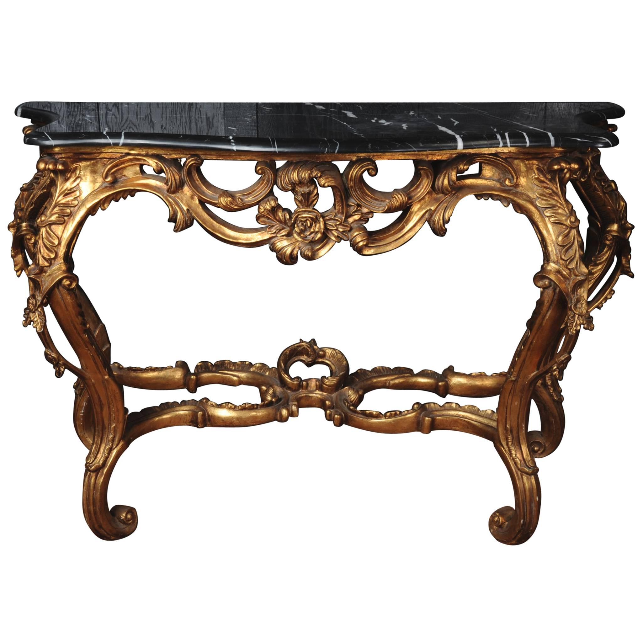 Rococo Giltwood Console Table with Black Marble Top