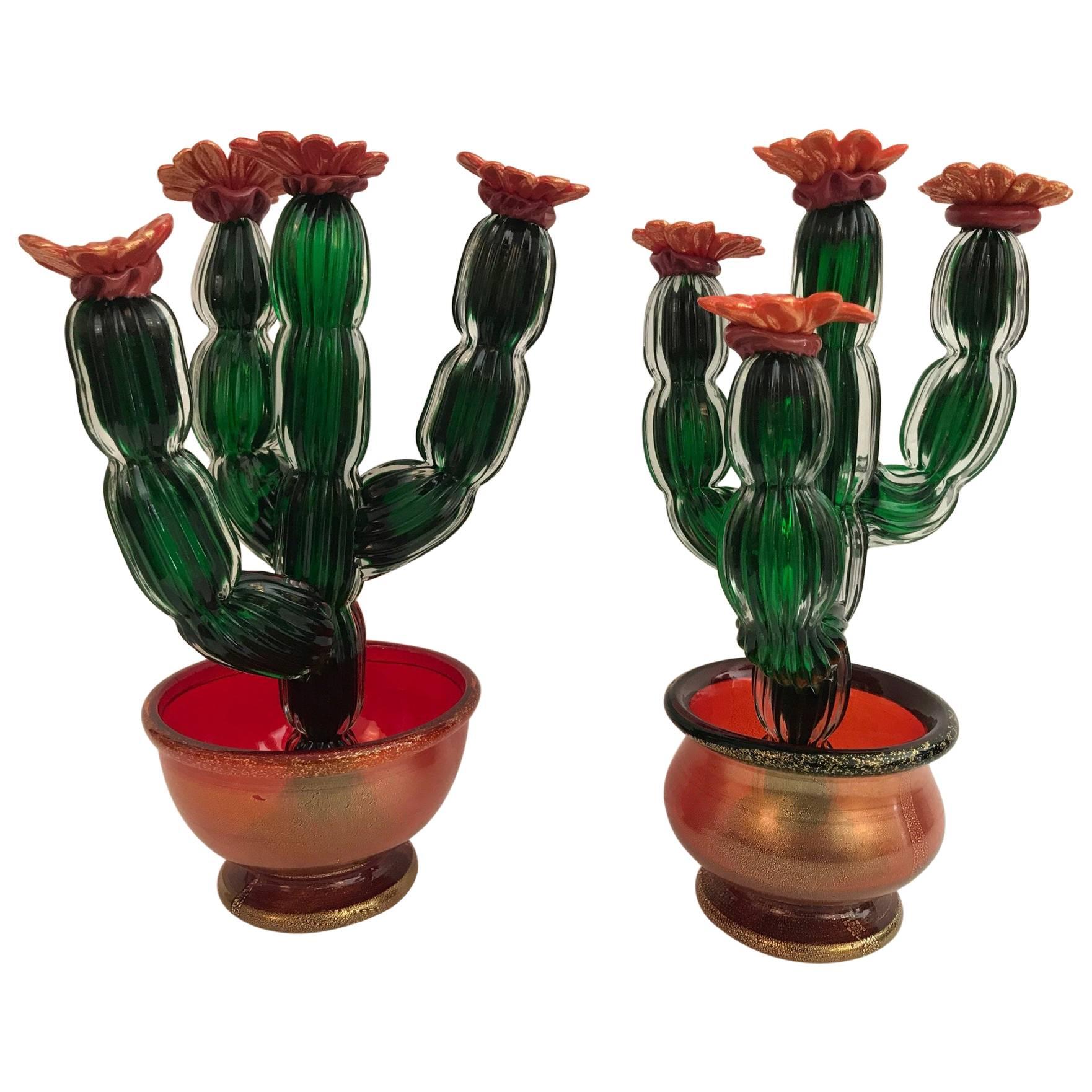 Two Murano Glass Cactus in Pots