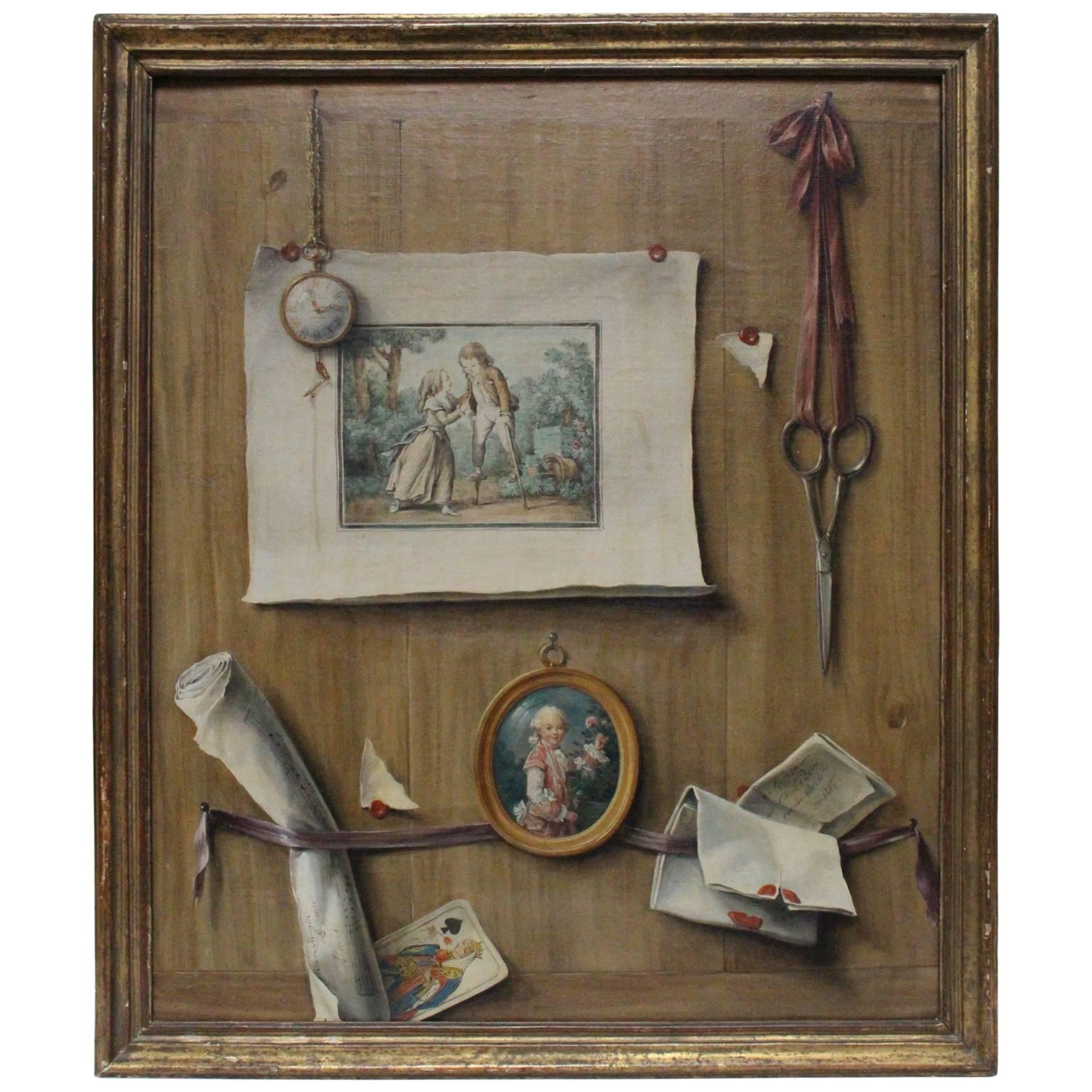 French Louis XVI Style Trompe L'Oeil Oil on Canvas in a Giltwood Frame