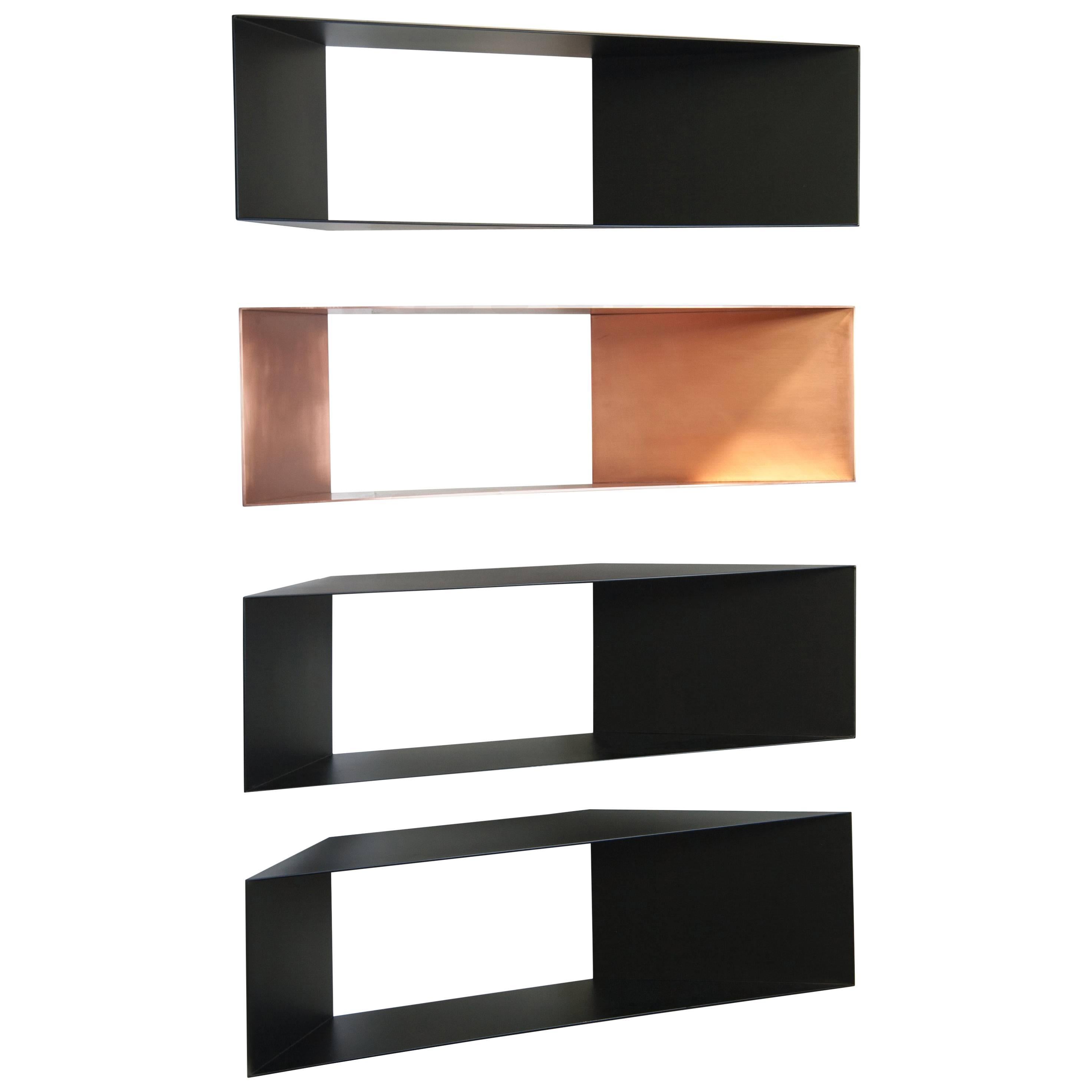 This contemporary sculptural set of four metal minimal corner shelves are perfect for any space be it a living room, office, or bathroom.

These Minimalist shelves, whether installed individually or in a series, occupy a space in a room often