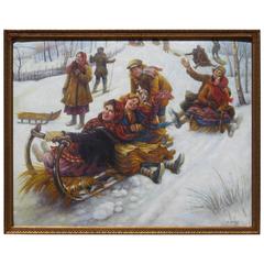 Russian American Artist Anatoly Sokoloff Winter Scene Painting, circa 1960s