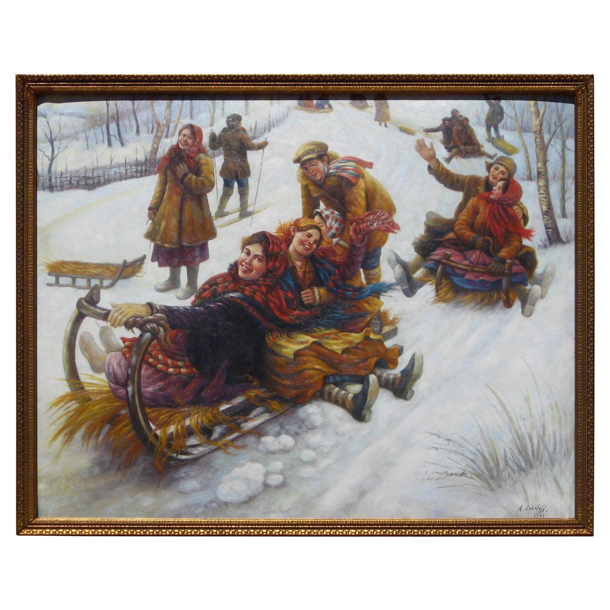 Anatoly Sokoloff - Peinture de scène d'hiver d'un artiste russe américain, vers les années 1960