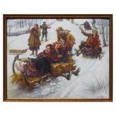 Anatoly Sokoloff - Peinture de scène d'hiver d'un artiste russe américain, vers les années 1960