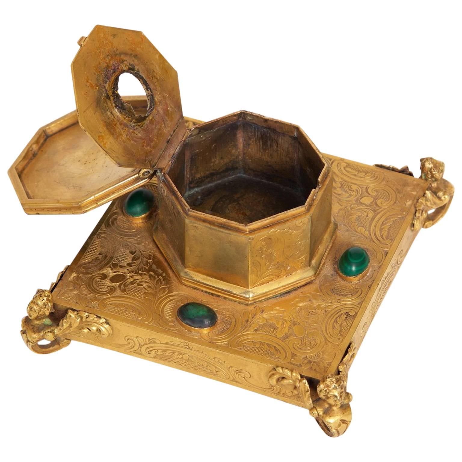Inkwell, Gilt Brass, with Malachite Inlay, 1850s Russian For Sale