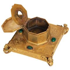 Antique Inkwell, Gilt Brass, with Malachite Inlay, 1850s Russian