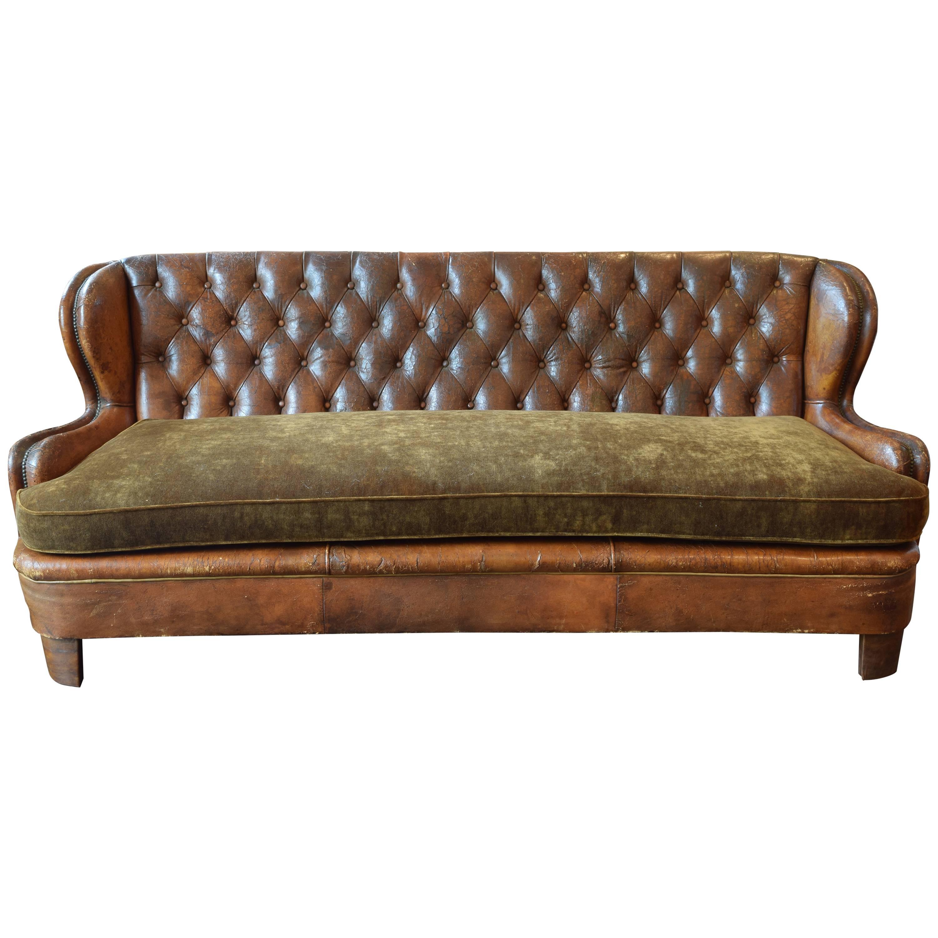 Continental, French or Spanish Tufted Leather Upholstered Sofa, 20th Century