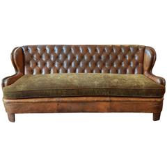 Antique Continental, French or Spanish Tufted Leather Upholstered Sofa, 20th Century